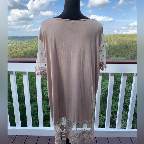 Kaktus Tan Tunic Top Sheer Lace Trim - Picture 2 of 7